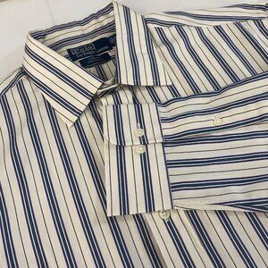 Polo Ralph Lauren Curham Custom Fit Dress Shirt Mens XL Blue Beige Striped Butto